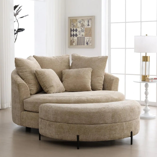 Oversized Round Barrel Chair with Ottoman for Living Room