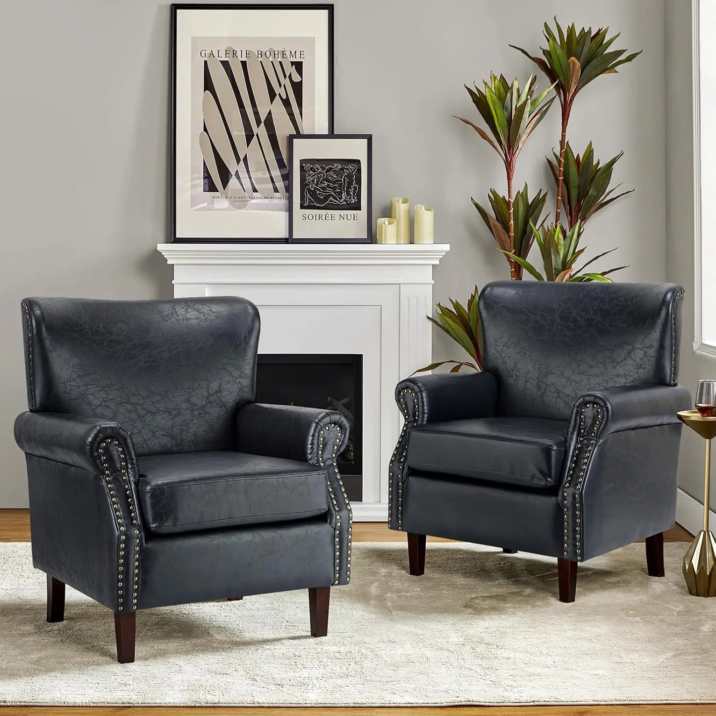 Faux Leather Accent Chairs Set of 2 Comfy Upholstered Brown