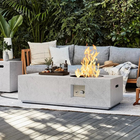 48 Inch Stone Look Propane Fire Pit Table with Lid and Rocks