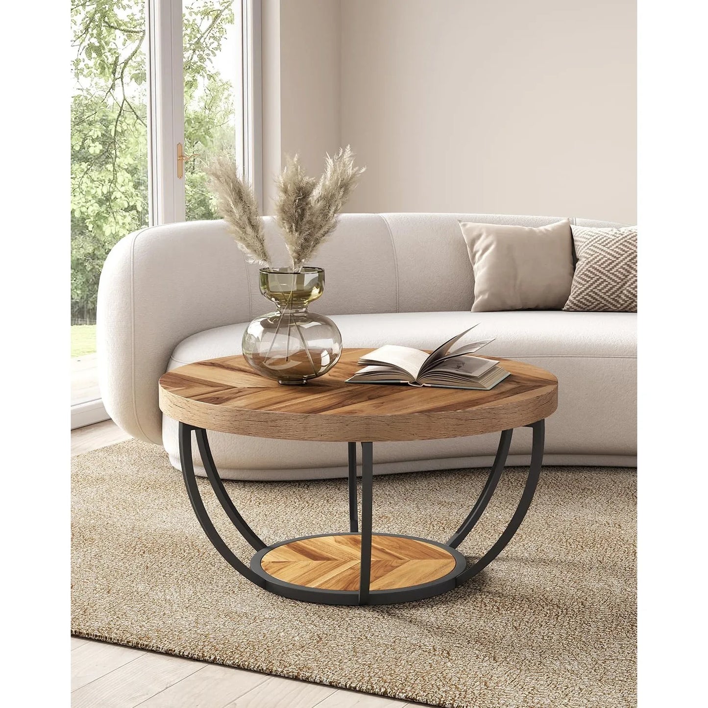 32 Inch Circle Marble Coffee Table with Golden Metal Legs