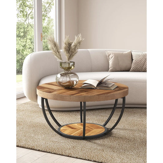 32 Inch Circle Marble Coffee Table with Golden Metal Legs