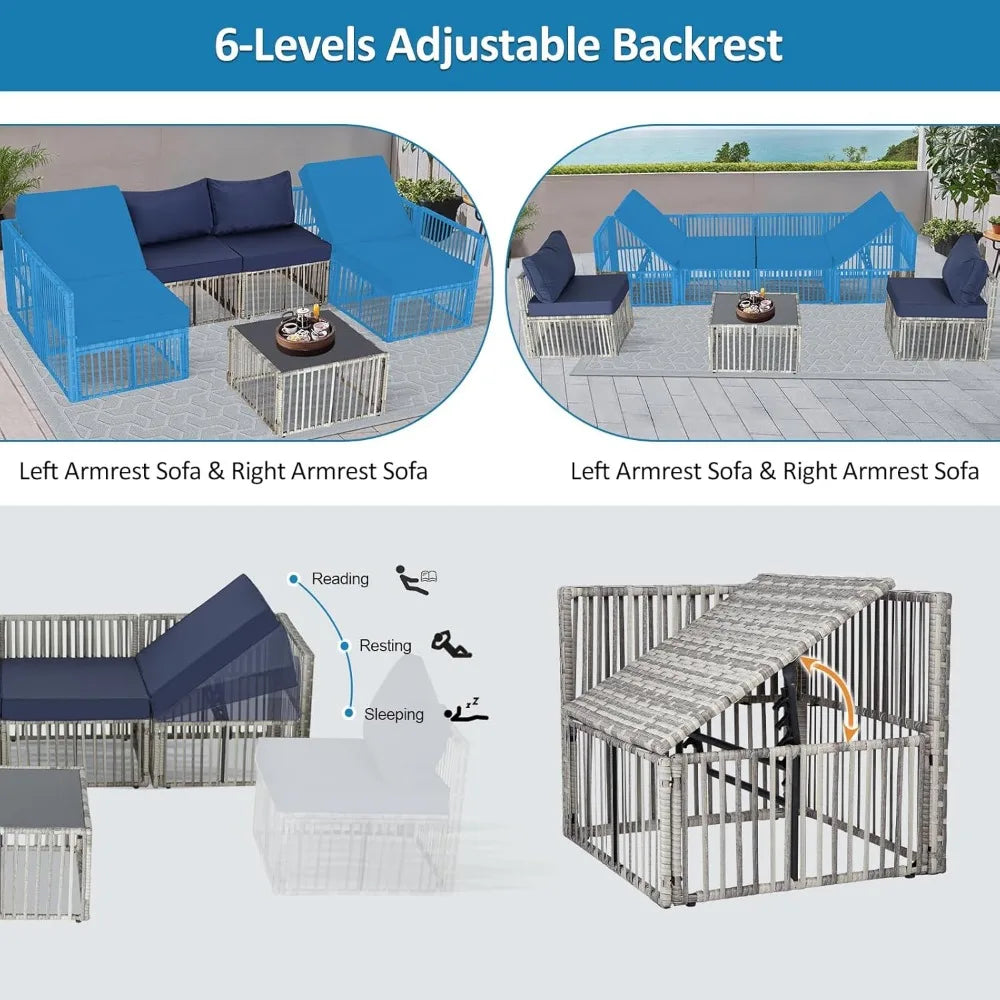 7 Piece Wicker Outdoor Patio Furniture Set with Blue Cushions