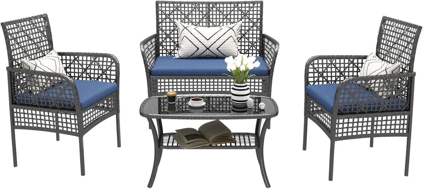 4 Piece Outdoor Patio Furniture Set with Cushions and Table