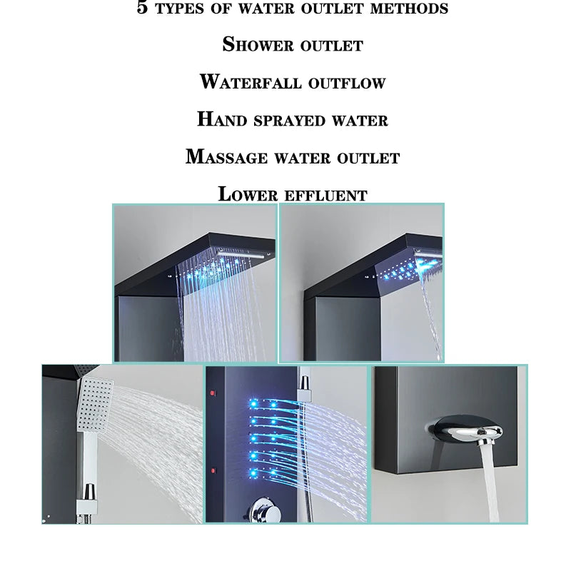 LED Shower Panel Matte Black Rainfall System with Massage Jets