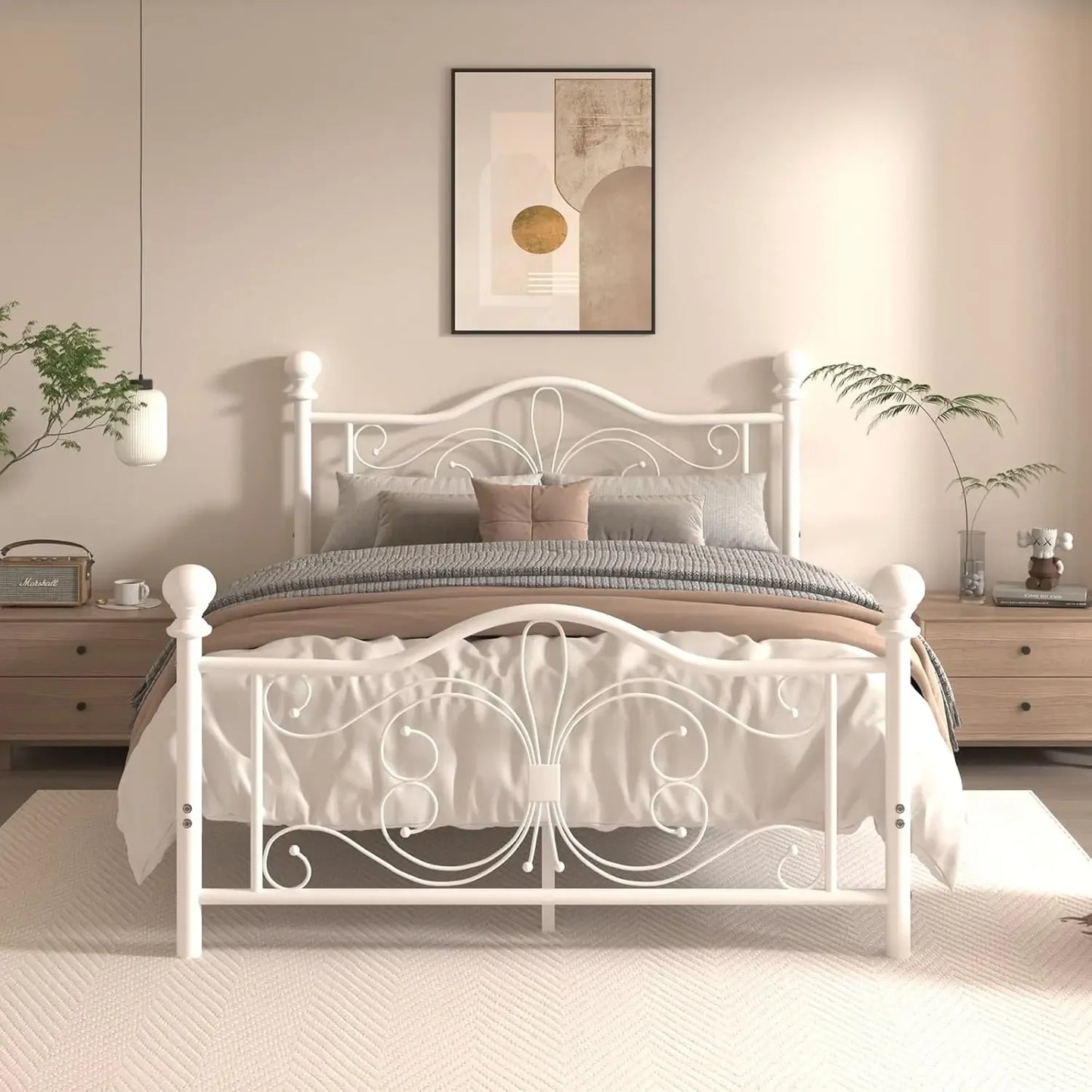 Queen Size Metal Platform Bed Frame with Butterfly Headboard