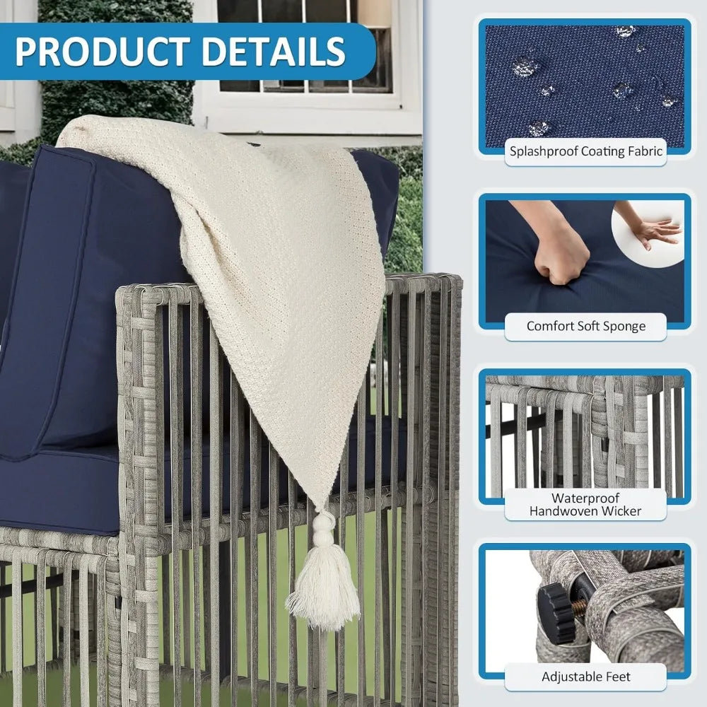 7 Piece Wicker Outdoor Patio Furniture Set with Blue Cushions