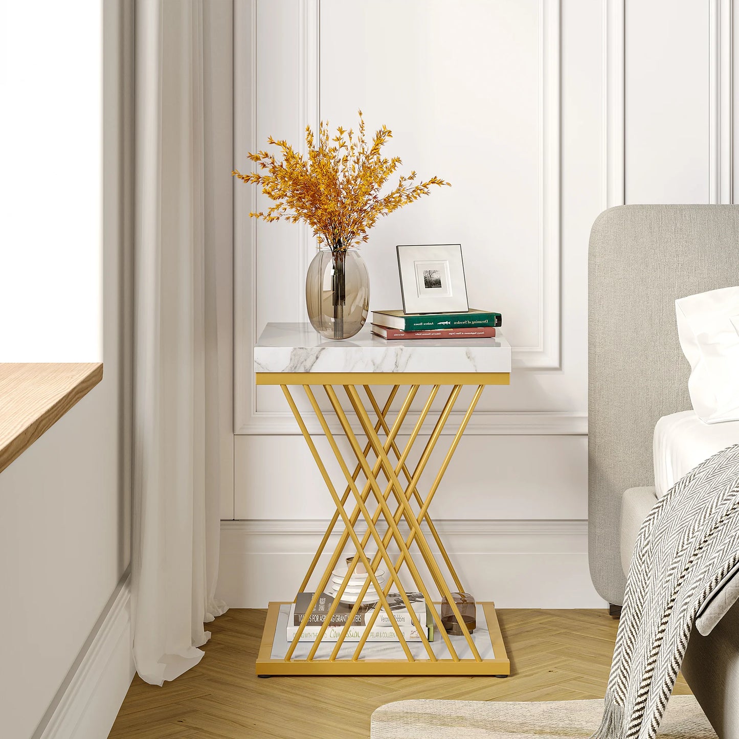 Tribesigns Modern White Gold 2-Tier Square Side Table Set