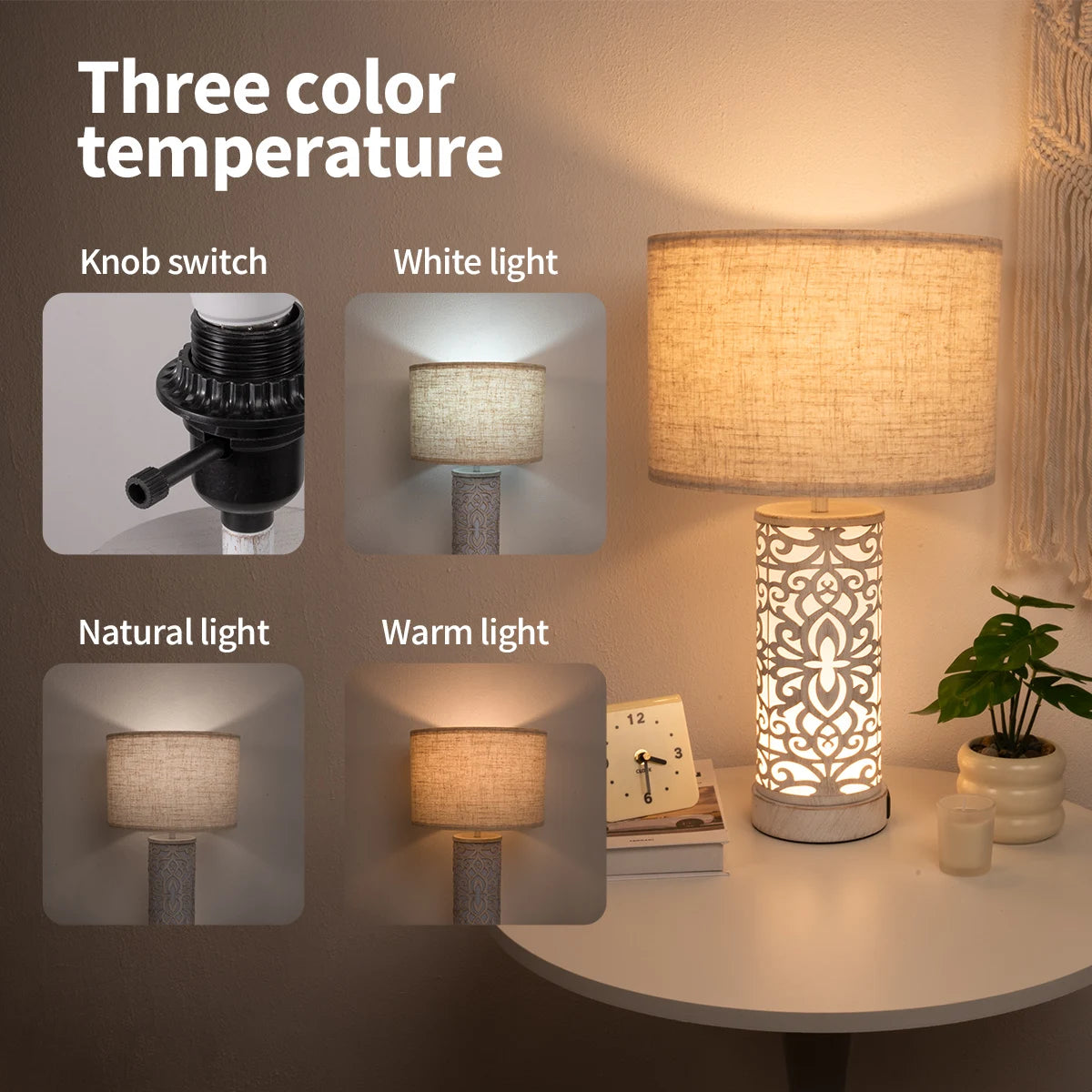 Retro Farmhouse Table Lamp Set with USB Ports and Dimmable Light