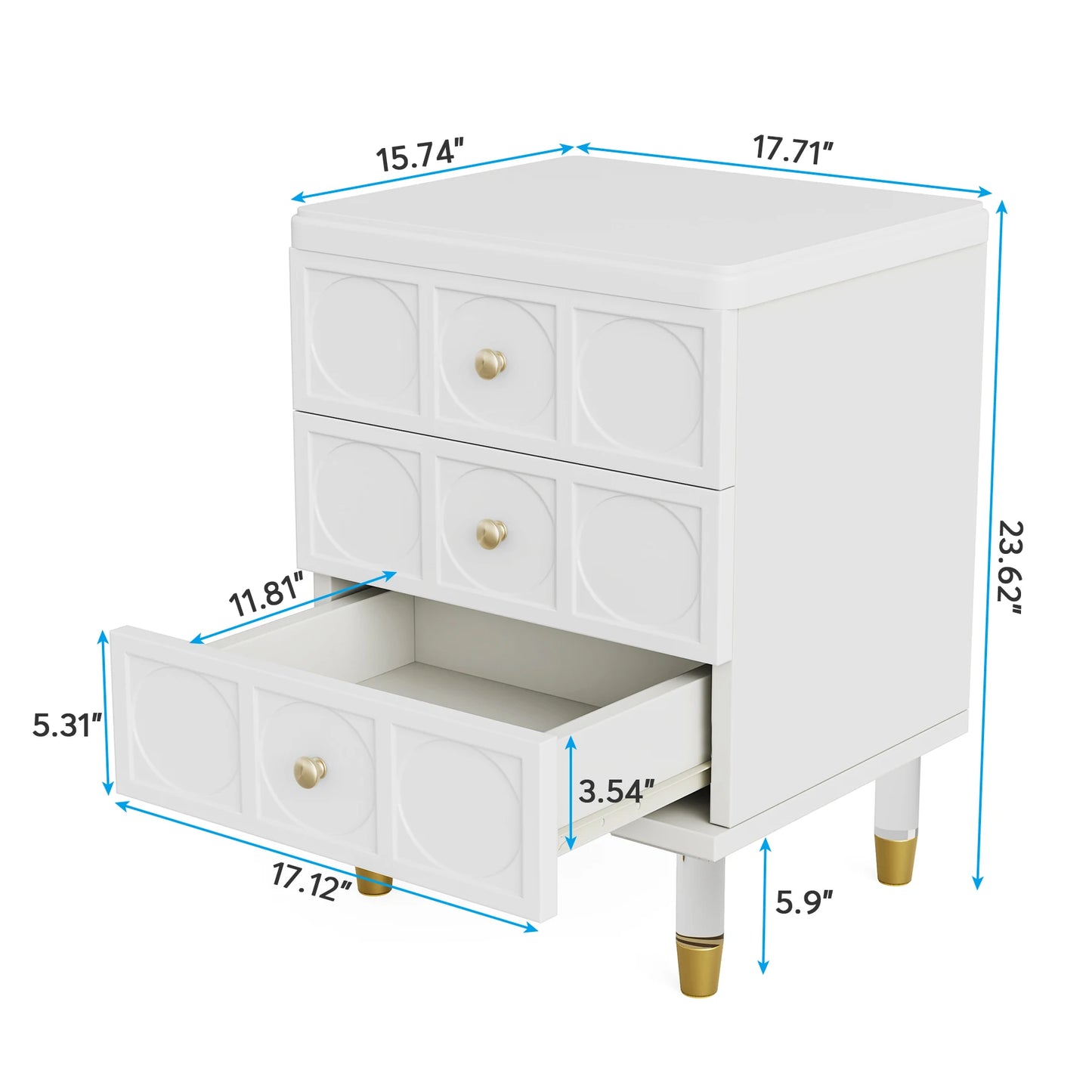 Tribesigns Modern White Gold 3-Drawer Nightstand with Storage