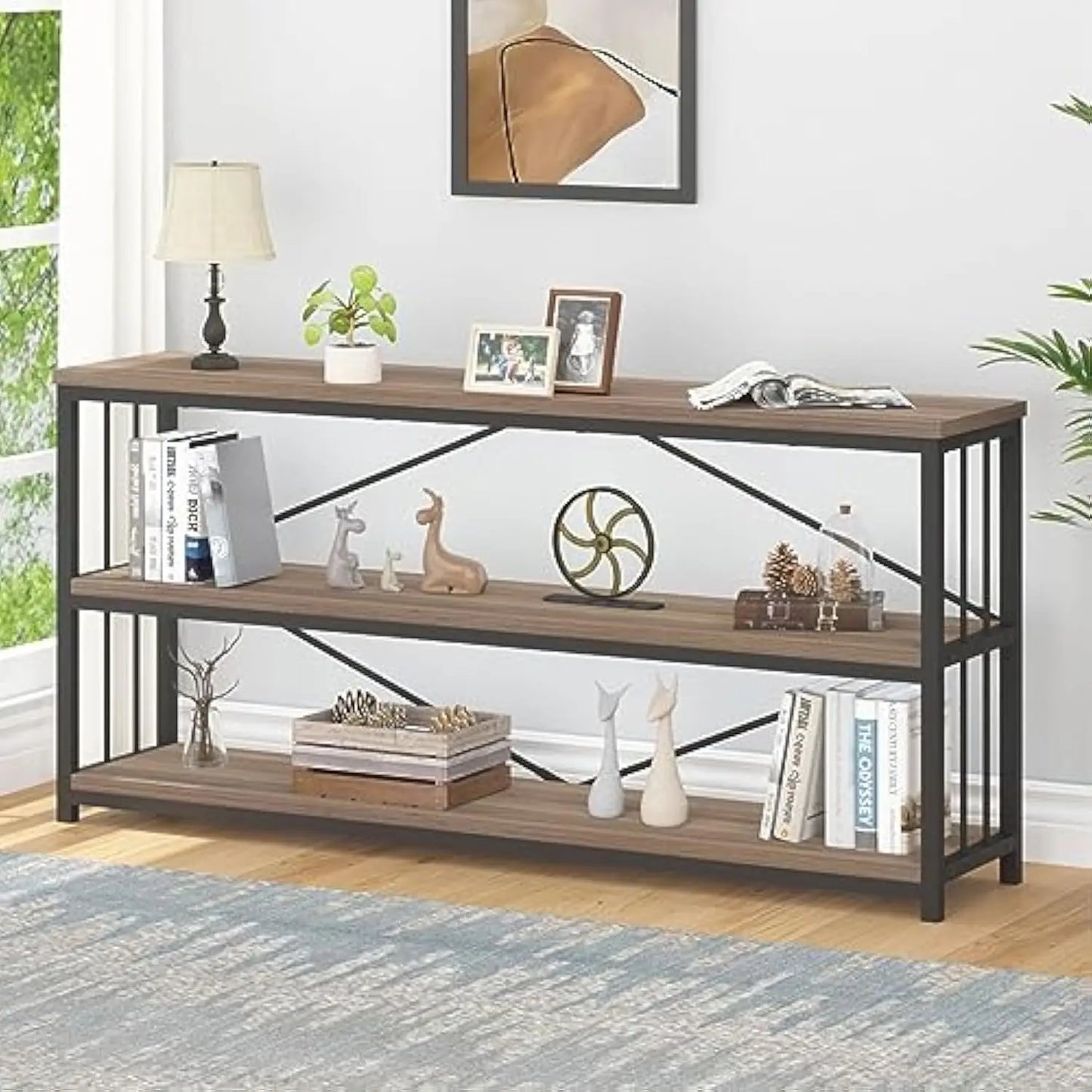 Industrial 3 Tier Rustic Wood and Metal Bookshelf for Home