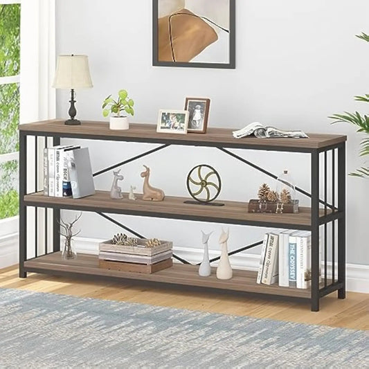 Industrial 3 Tier Rustic Wood and Metal Bookshelf for Home