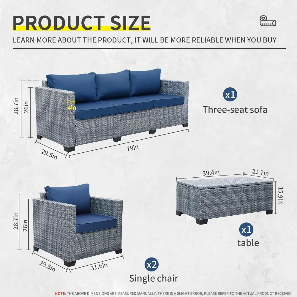 4 Piece Royal Blue Wicker Patio Furniture Set with Storage Table