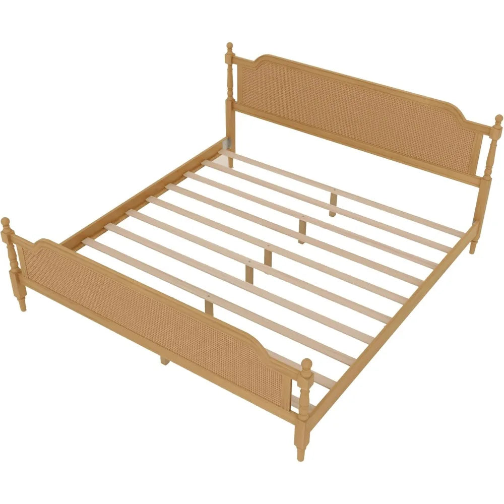 Traditional Rattan King Size Bed Frame Antique Walnut Finish