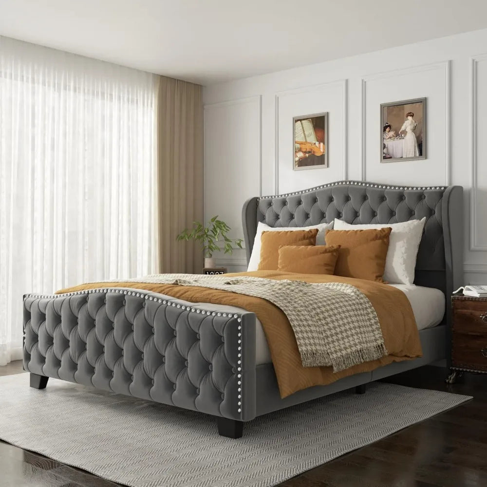 Queen Size Platform Bed Frame with Camelback Headboard and Storage