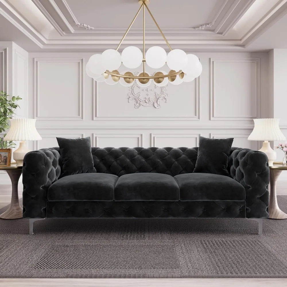 Modern Black Velvet Couch with Deep Button Tufting and Solid Frame
