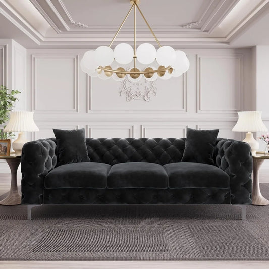 Modern Black Velvet Couch with Deep Button Tufting and Solid Frame