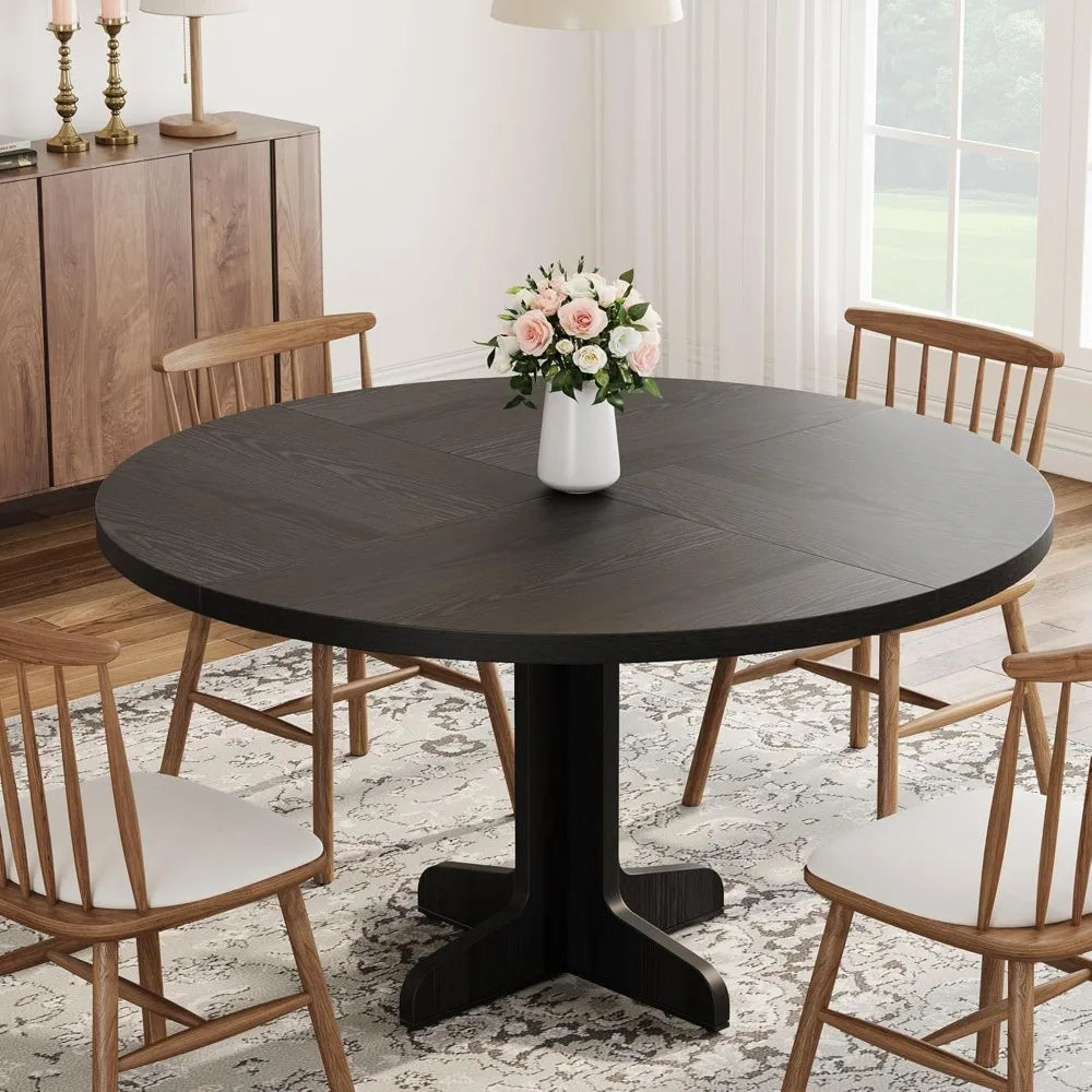 Round Dining Table for 4 with Wooden Base 47 Inch Black Circle