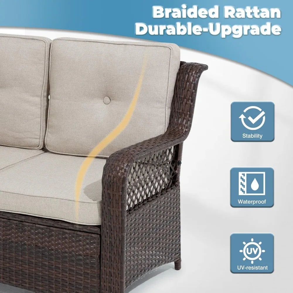 6 Piece Dark Beige Patio Furniture Set with Wicker Swivel Chairs