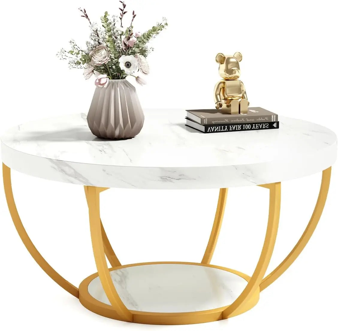 32 Inch Circle Marble Coffee Table with Golden Metal Legs