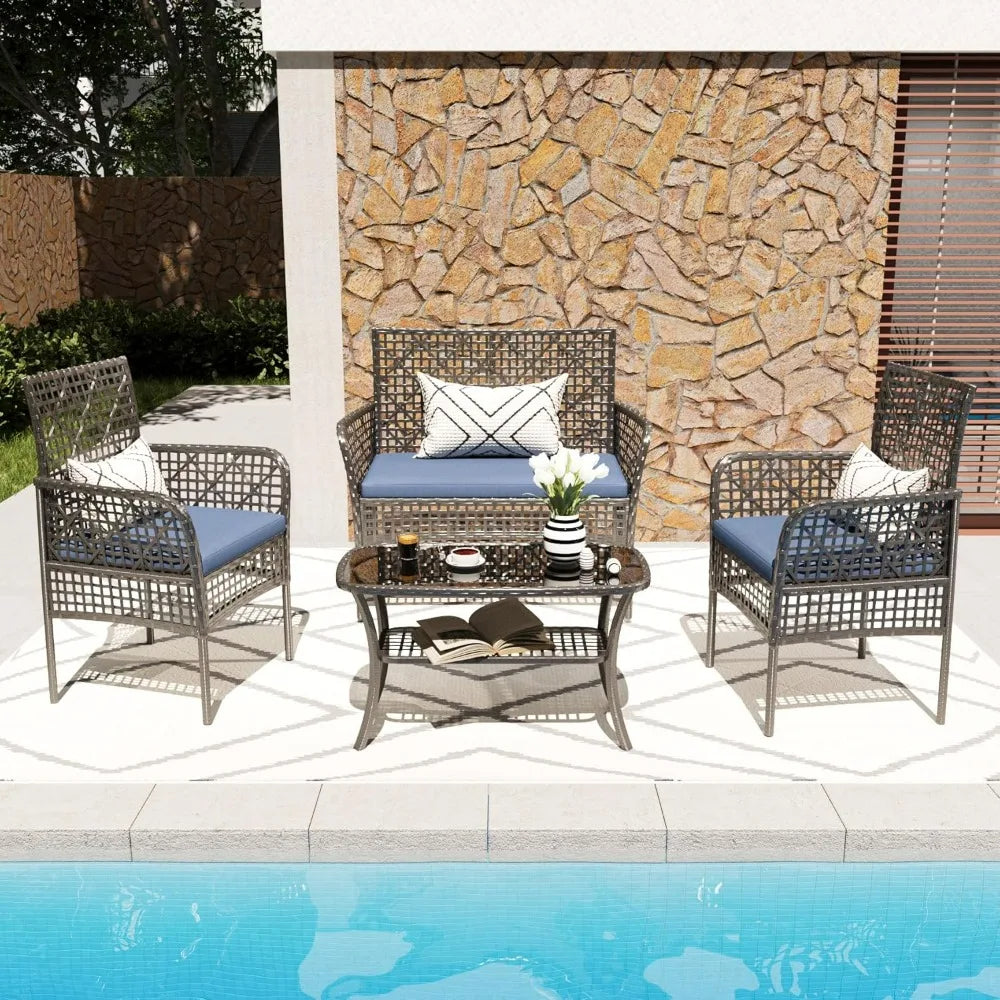 4 Piece Outdoor Patio Furniture Set with Cushions and Table