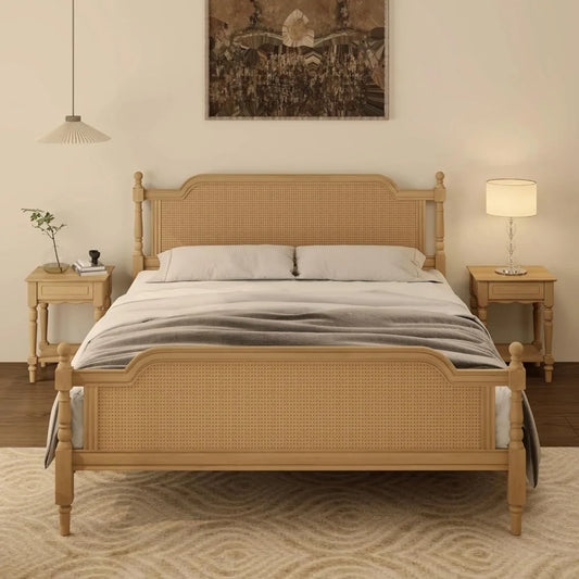 Traditional Rattan King Size Bed Frame Antique Walnut Finish