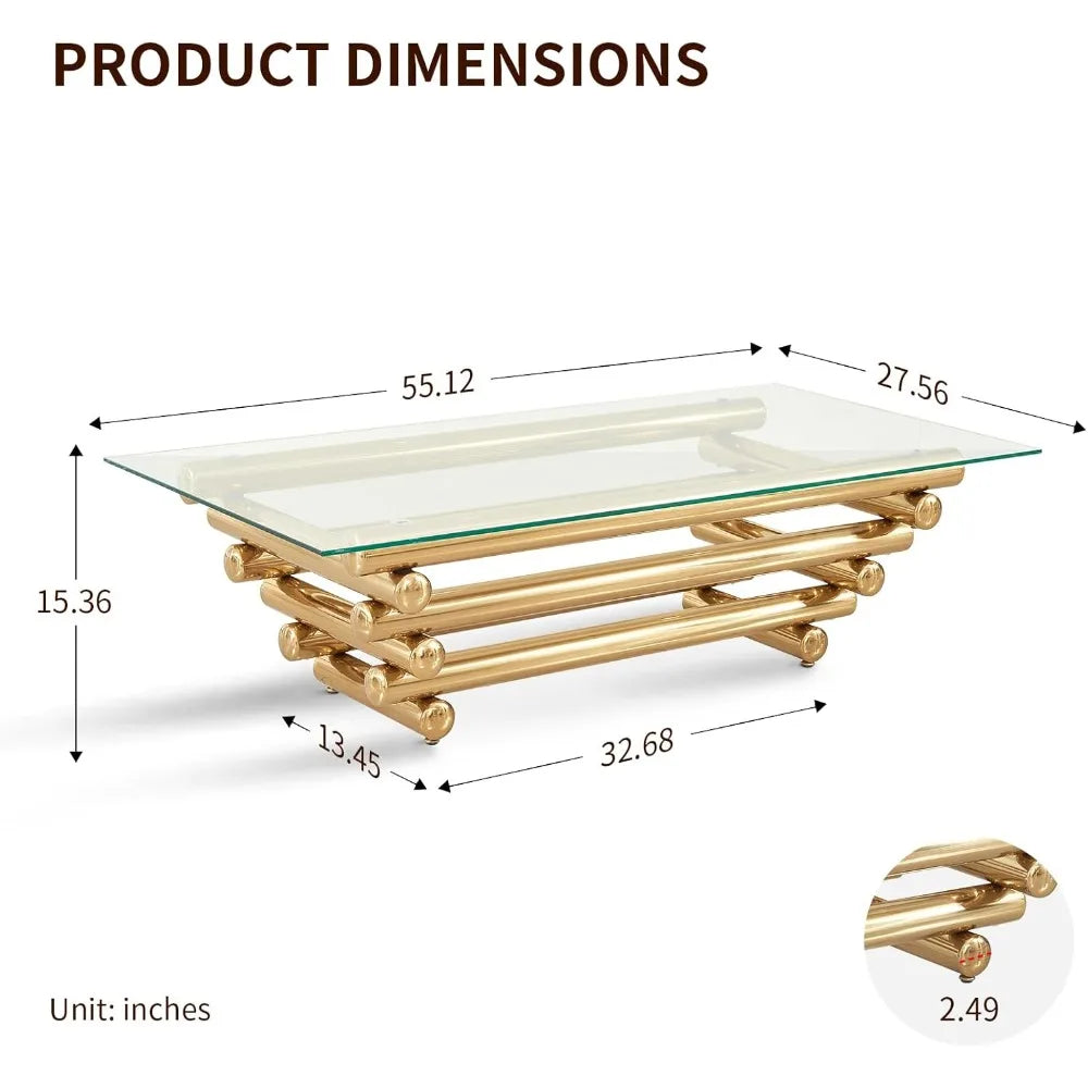 Modern 55 Inch Glass Coffee Table with Gold Stainless Steel Legs