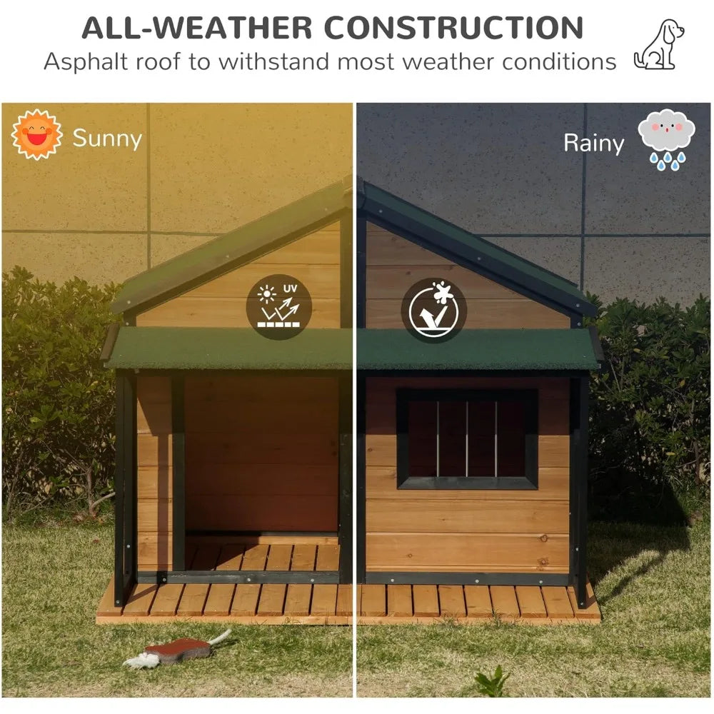 Wooden Raised Outdoor Dog House Cabin Style with Porch and Window