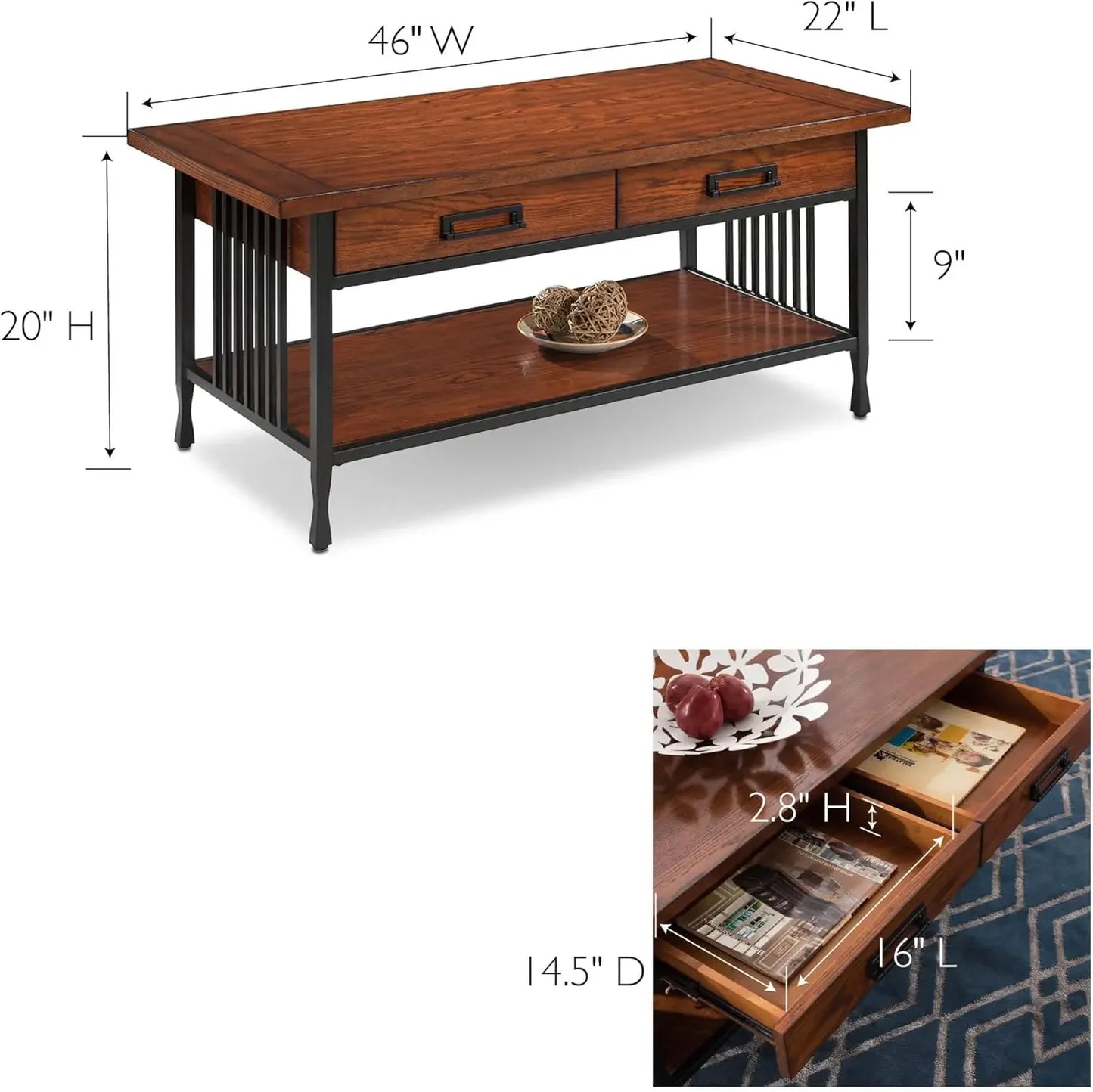 Rustic Two Drawer Coffee Table with Shelf in Mission Oak Finish