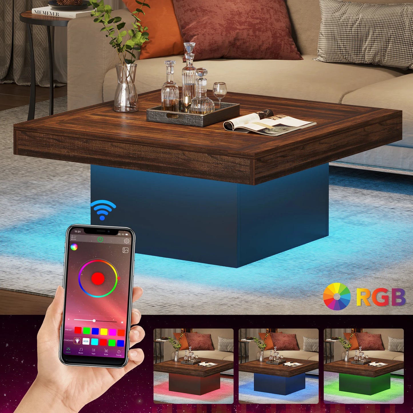 Tribesigns Square LED Coffee Table for Living Room Rustic Style