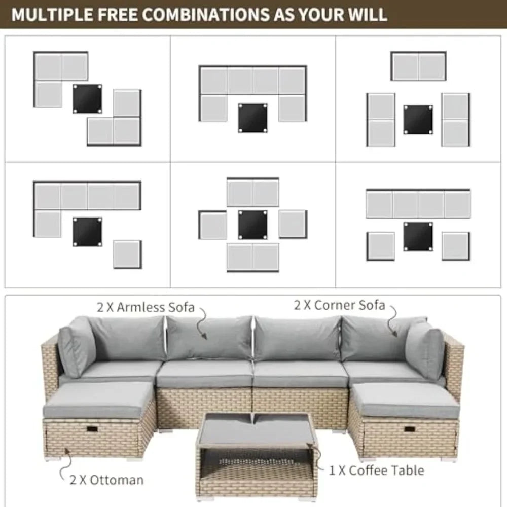 7 Piece Boho Wicker Patio Furniture Set for Outdoor Conversation