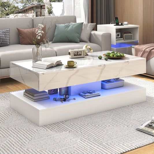 Modern Coffee Table with LED Lights and Double-Layer Design