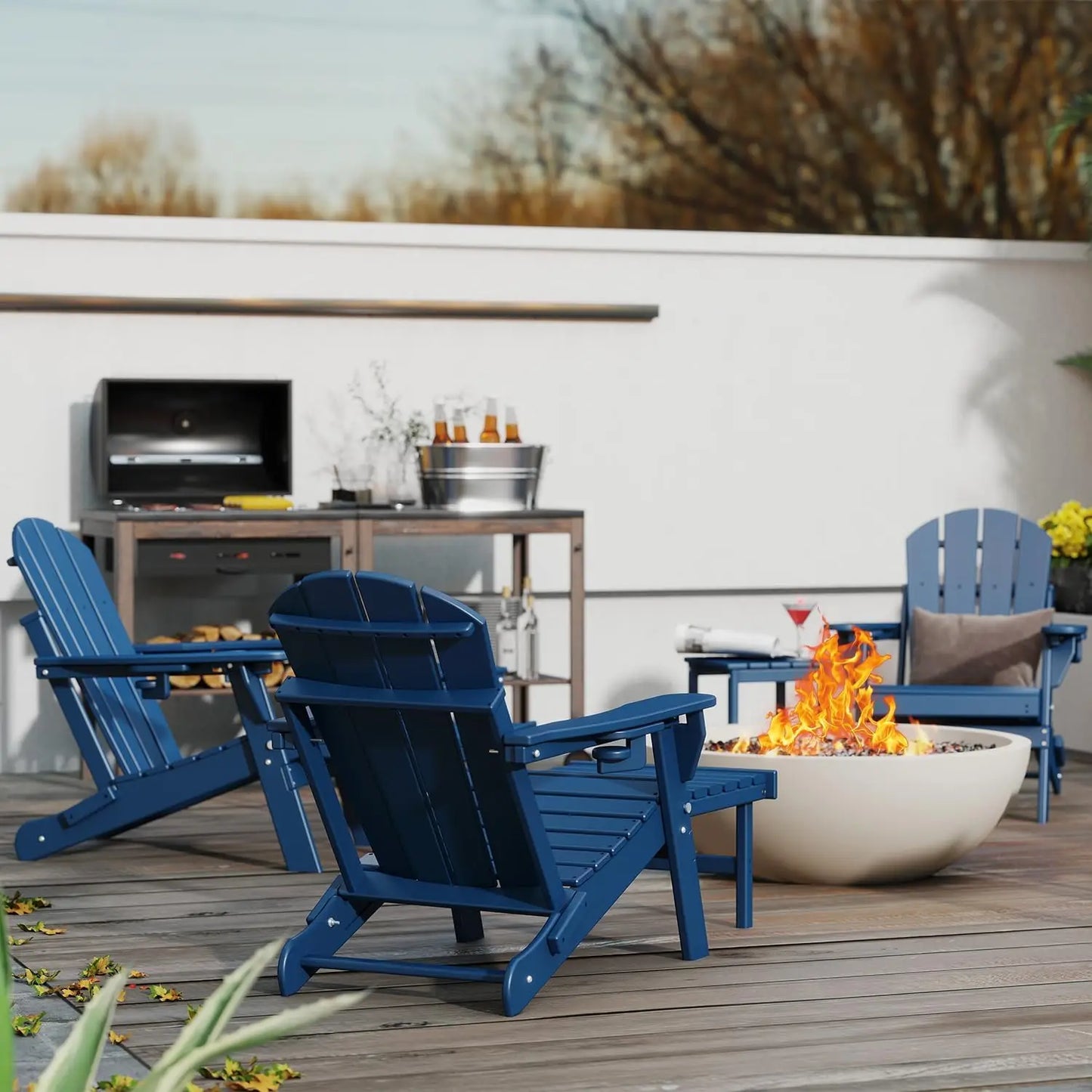 Adjustable Adirondack Chair Set with Retractable Ottoman Blue