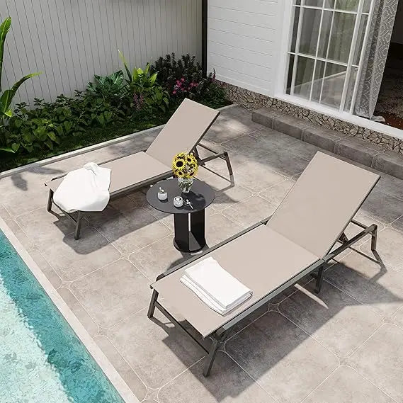Chaise Lounge Chair Set of 2 with Adjustable Backrest in Khaki