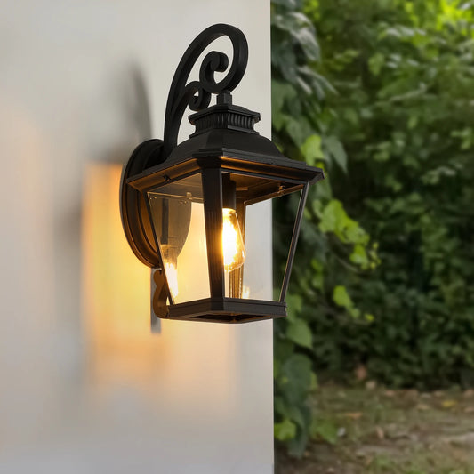 Outdoor Black Vintage Wall Lantern with Clear Glass Panels