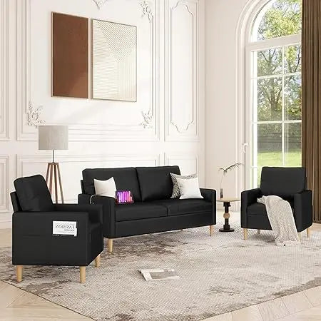 66 Inch Black Faux Leather Sofa Set with USB Mid Century Modern