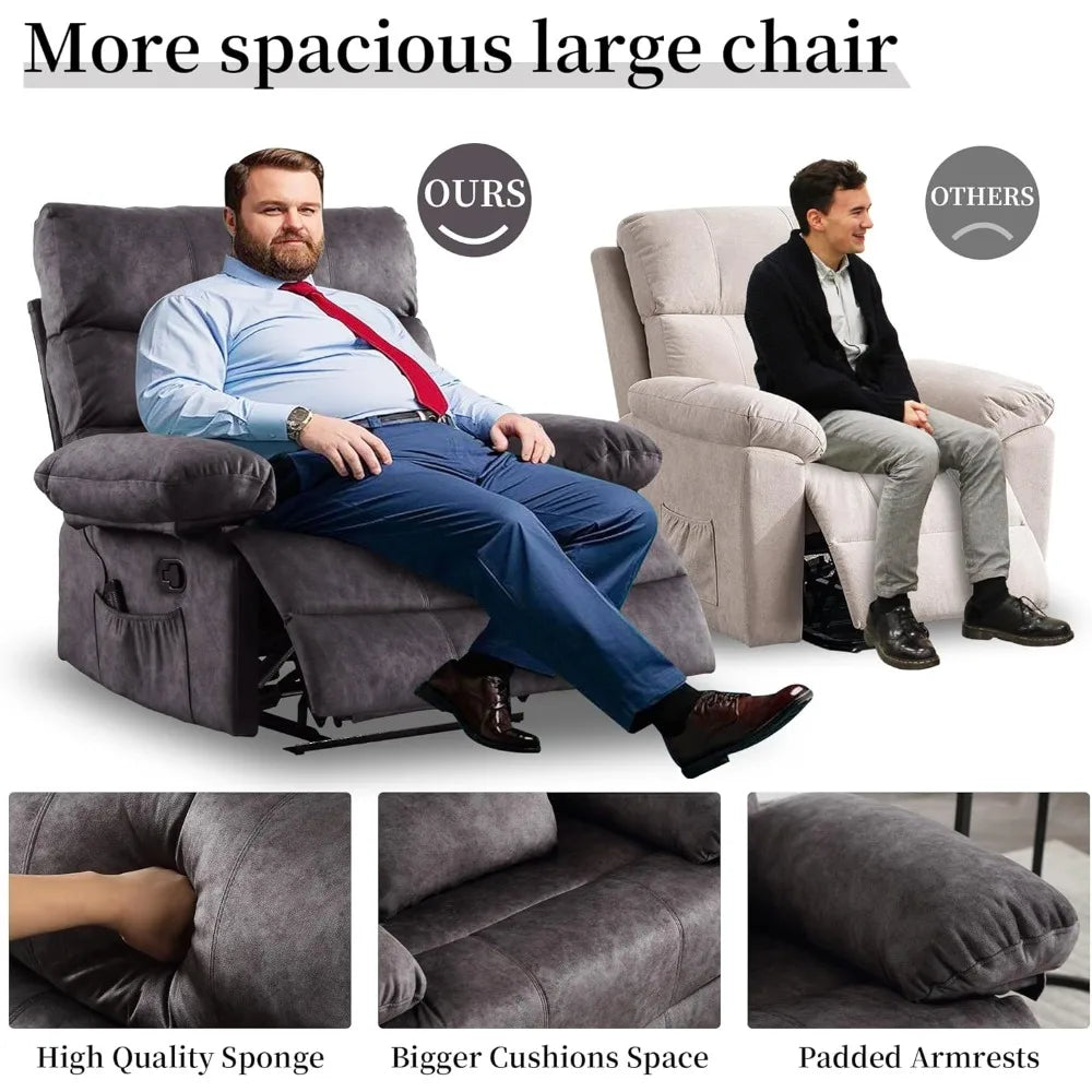 Oversized Manual Fleece Recliner with Lumbar Pillow and Pockets