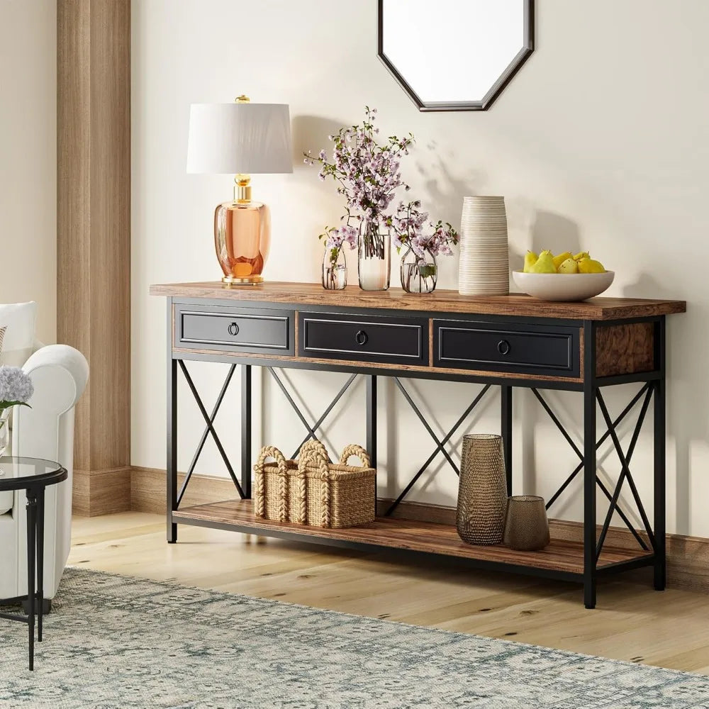 Extra Long Farmhouse Console Table with Storage Drawers