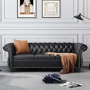Chesterfield Leather Sofa 3 Seater Mid Century Tufted Couch