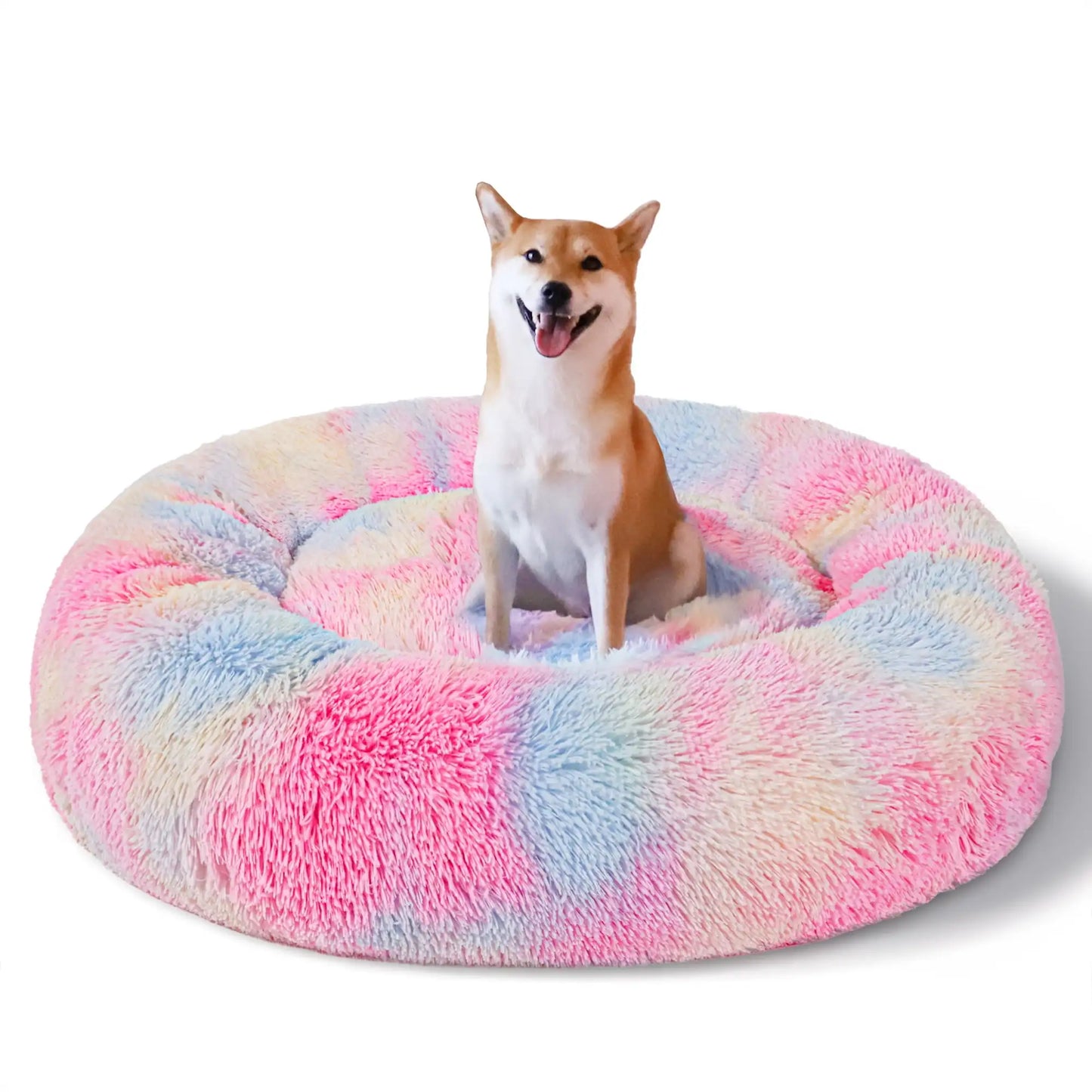 Calming Donut Pet Bed for Large Dogs 36 Inch Pink Rainbow