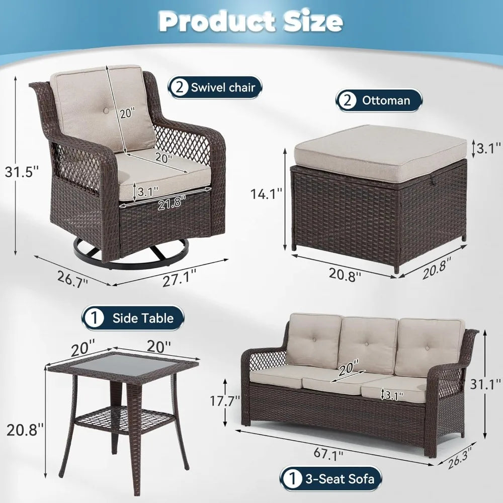 6 Piece Dark Beige Patio Furniture Set with Wicker Swivel Chairs