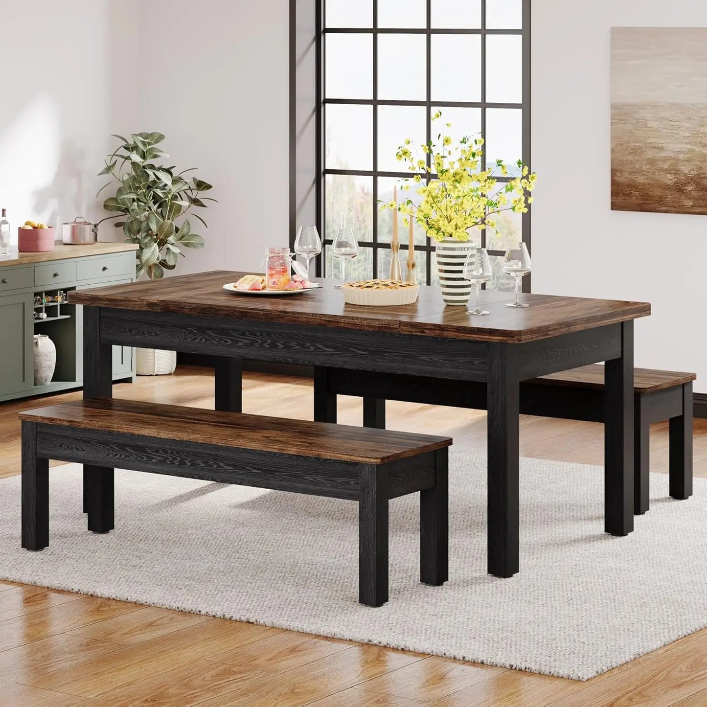 Farmhouse Wooden Dining Table Set for 4 to 6 with Benches