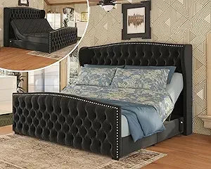 Amerlife King Size Adjustable Bed Frame with Velvet Headboard