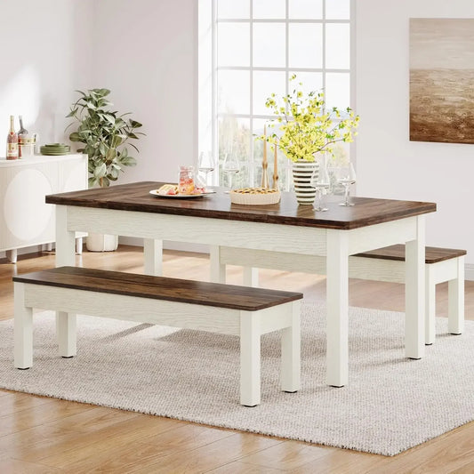 Farmhouse Wooden Dining Table Set for 4 to 6 with Benches