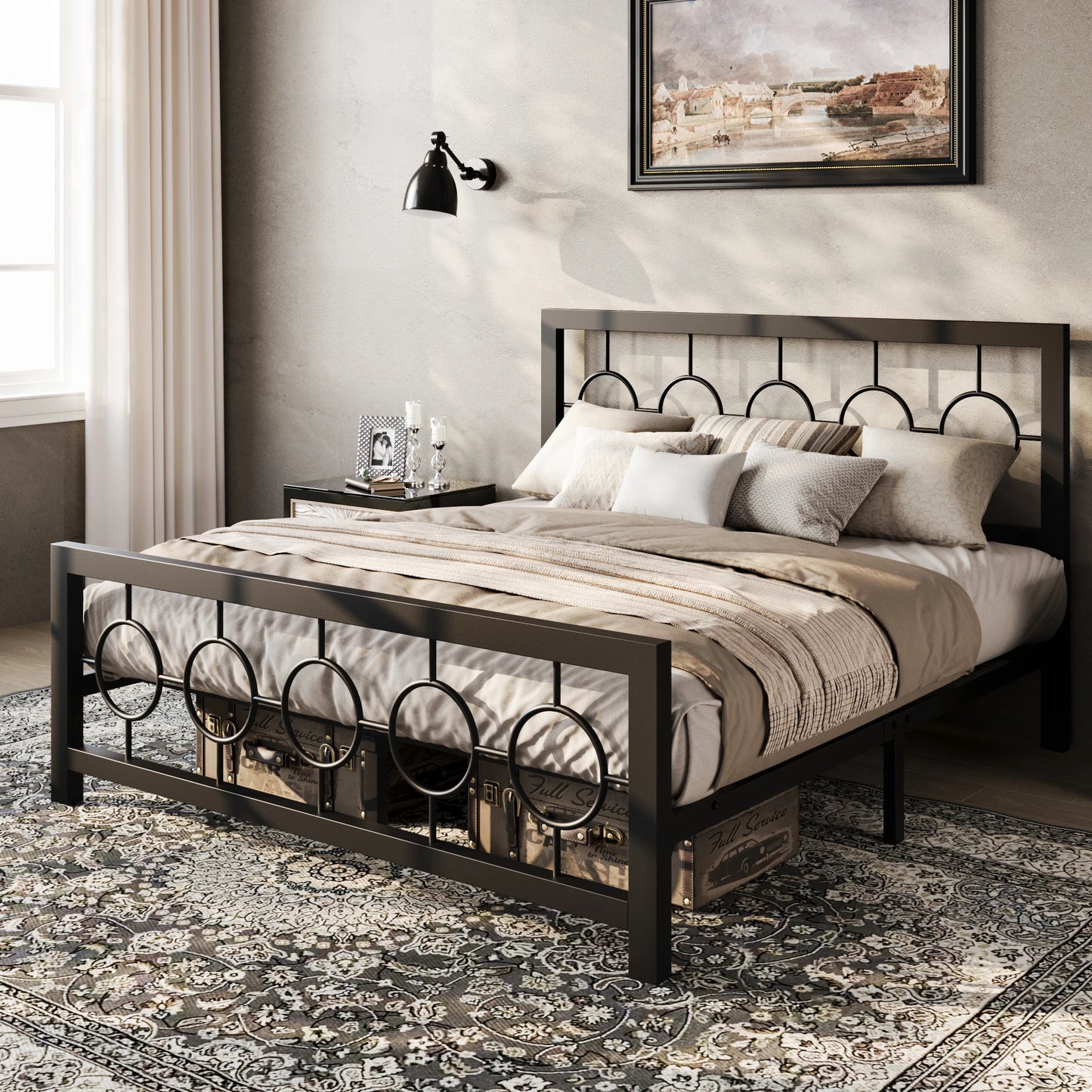 HOOMIC Metal Platform Bed Frame with Vintage Circular Design