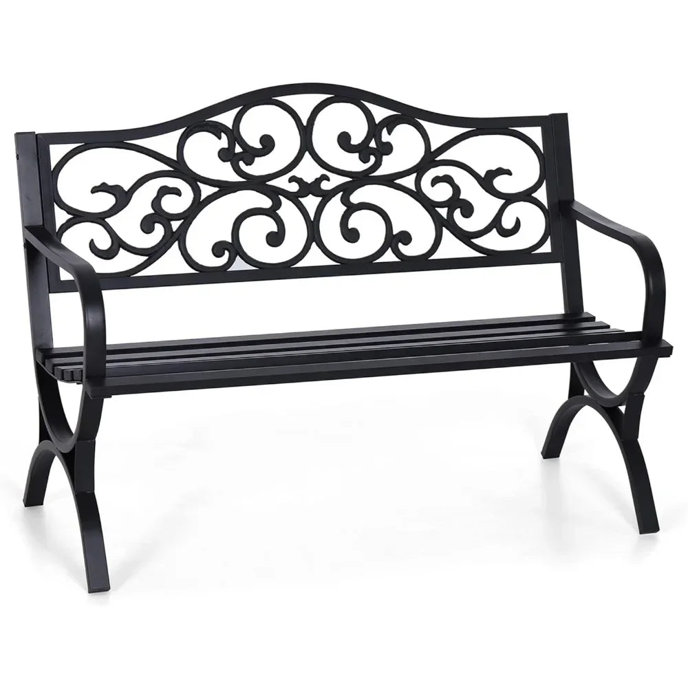 50 Inch Outdoor Garden Bench with Floral Design Metal Frame