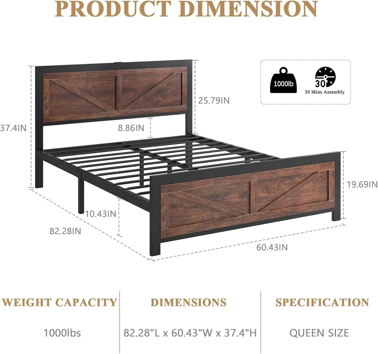 Queen Size LED Bed Frame with Rustic Wood Headboard and Charger