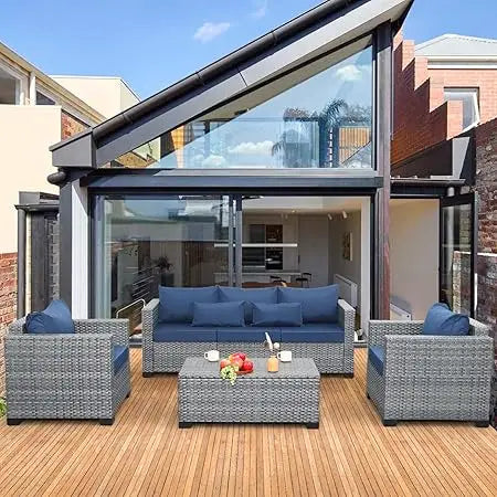 4 Piece Royal Blue Wicker Patio Furniture Set with Storage Table