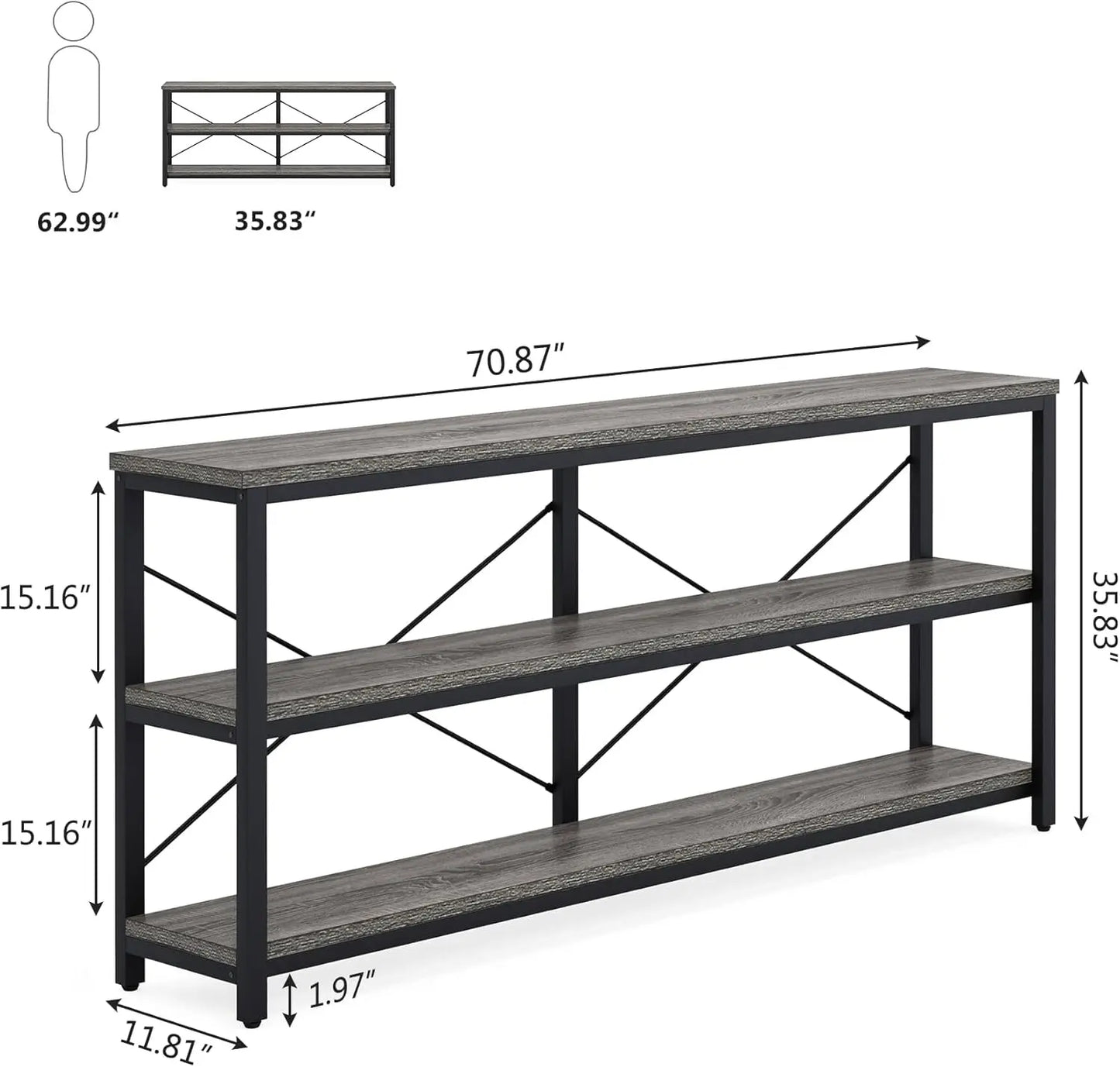 Modern 71 Inch Sofa Table with 3 Tier Storage Shelves