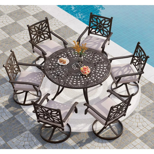 Cast Aluminum Patio Dining Set for Six with Umbrella Hole