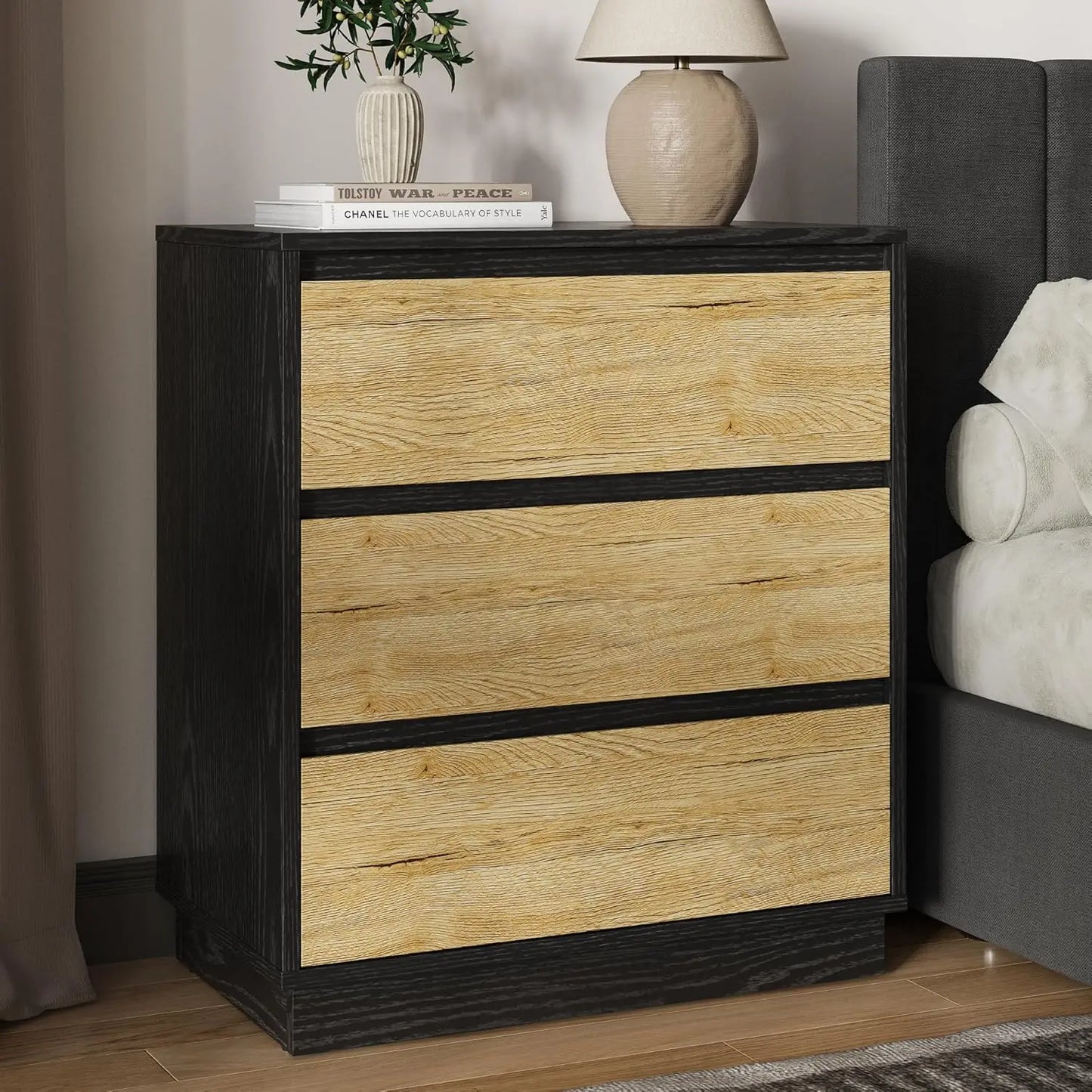 RoyaCraft Black Nightstand Set of 3 with Large Drawers